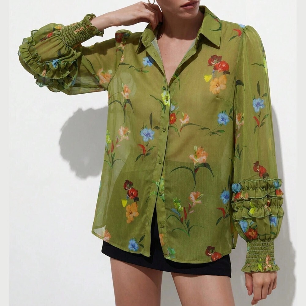 Olive Green Floral Sheer Blouse with Smocked Ruffle Cuffs